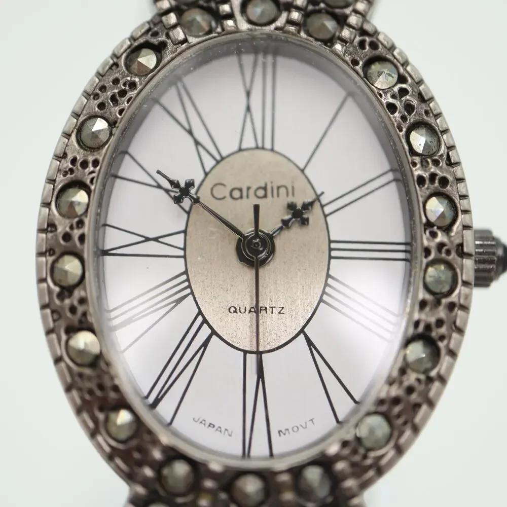 Cardini Marcasite Watch Women 24mm Silver Tone Roman Black Leather w New Battery